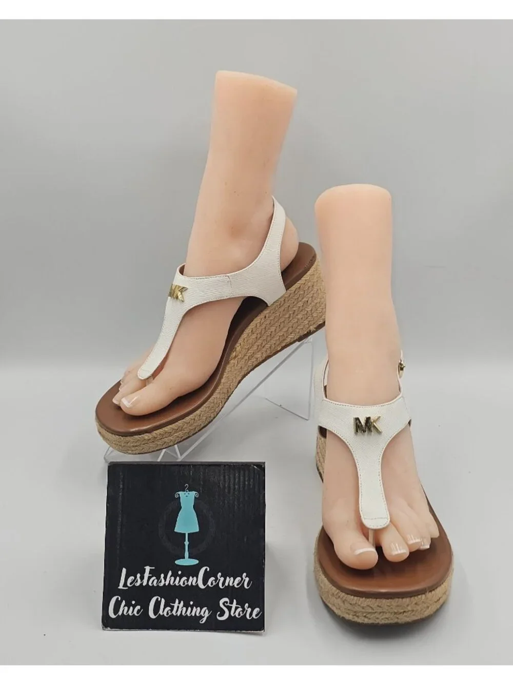 Michael Kors Womens White Leather Laney Thong Espadrille Wedge Sandals Sz 8 3763